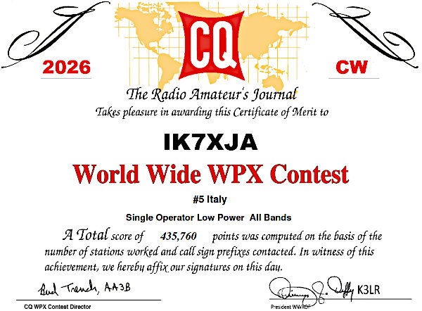 Il certificato CQ WPX CW di IK7XJA dell'edizione 2026