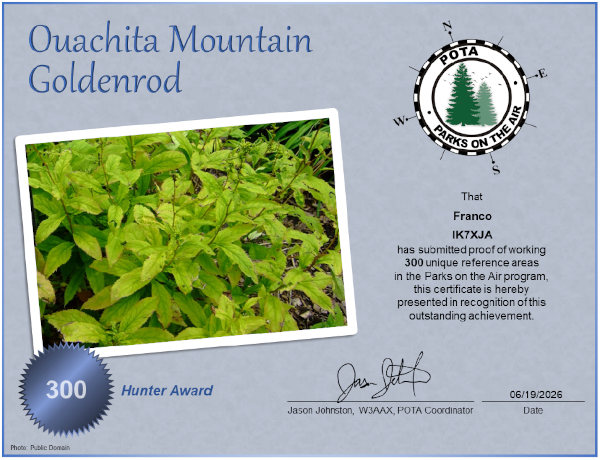 Il diploma POTA di IK7XJA per 300 QSO fatti: Ouachita Mountain Goldenrod