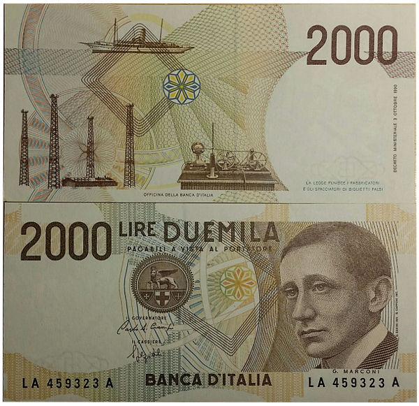 Le 2000 lire commemorative di Guglielmo Marconi, fronte e retro