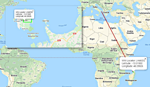 Immagine grafica della distanza percorsa tra IK7XJA e 5R8UI: 6678 Km