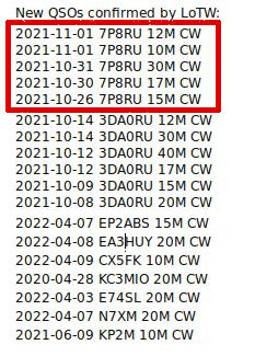 La videata di CQRLog con le conferme da LOTW a Maggio