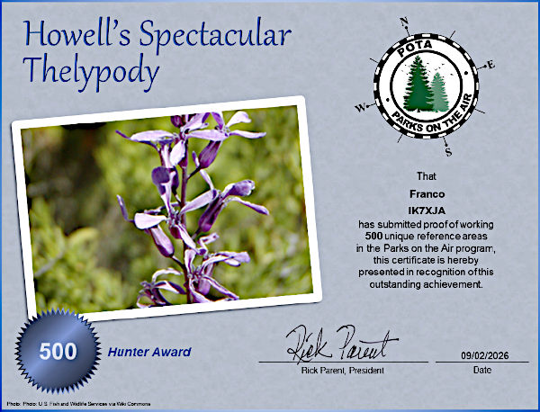 Il diploma POTA di IK7XJA per 500 QSO fatti: Spectacular Thelypody