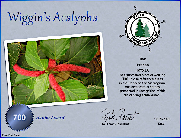 Il diploma POTA di IK7XJA per 700 QSO fatti: Wiggins Acalypha
