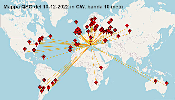 La mappa dei QSO del 10/12/2022 per il conter ARRL dei 10 Metri