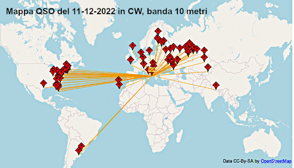 La mappa dei QSO del 11/12/2022 per il conter ARRL dei 10 Metri