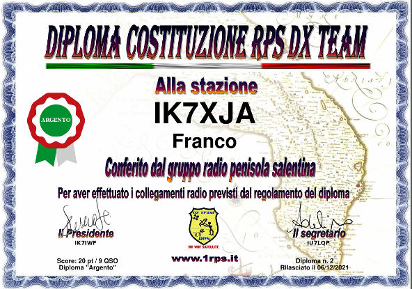 Diploma Radio Penisola Salentina RPS DX TEAM - Argento