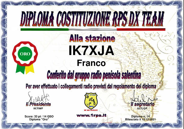 Diploma Radio Penisola Salentina RPS DX TEAM - Oro