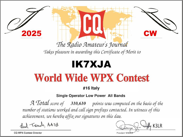 Il certificato della partecipazione al contest WPX CW 2025