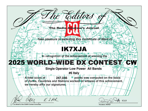 Attestato della partecipazione 2025 al CQWW di IK7XJA Attestato della partecipazione 2025 al CQWW di IK7XJA