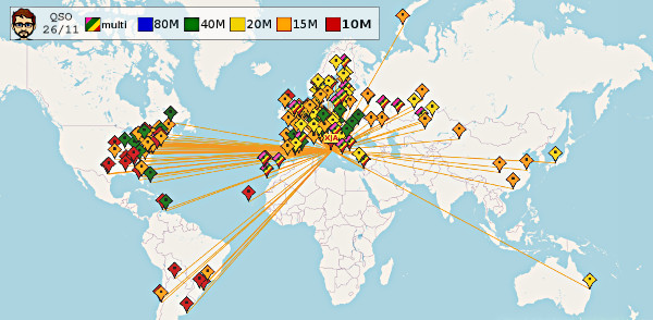 CQWW CW: Mappa QSO di IK7XJA del 27 novembre 2022