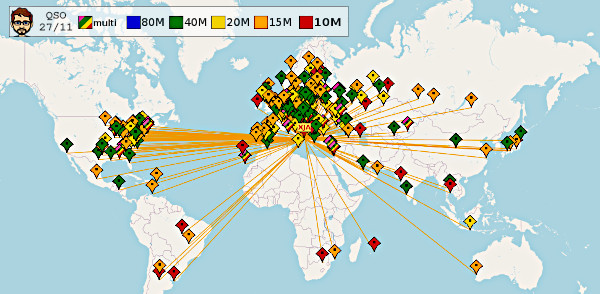 CQWW CW: Mappa QSO di IK7XJA del 27 novembre 2022