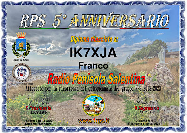 Il diploma del quinto anniversario della costituzione del Gruppo Radio Penisola Salentina