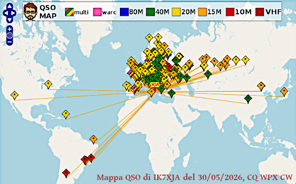 Mappa QSO fatti da IK7XJA nella giornata del 30-05-2026 per il CQ WPX CW