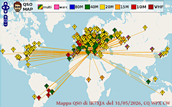 Mappa QSO fatti da IK7XJA nella giornata del 31-05-2026 per il CQ WPX CW