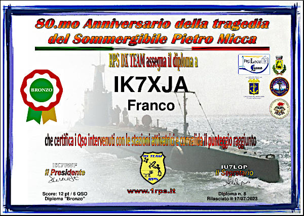 Anniversario Tragedia Sommergibile Pietro Micca: diploma bronzo