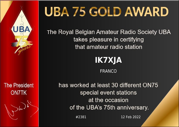 Award UBA 75 - Diploma 75.mo fondazione Unione Belga Radioamatori - Gold Award