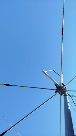 L'antenna al termine delle modifiche: due radiatori e sei radiali caricati