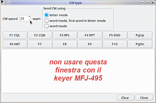 La finestra CW Type da non usare con il keyer MFJ