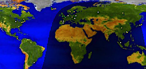 La mappa RBN dopo alcune chiamate in un giorno qualsiasi per il call IK7XJA