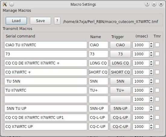 Le impostazioni del pannello macro di Cutecom per II7WRTC