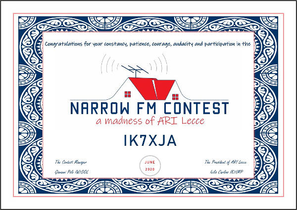 Diploma di partecipazione al primo Narrow FM Contest di ARI Lecce