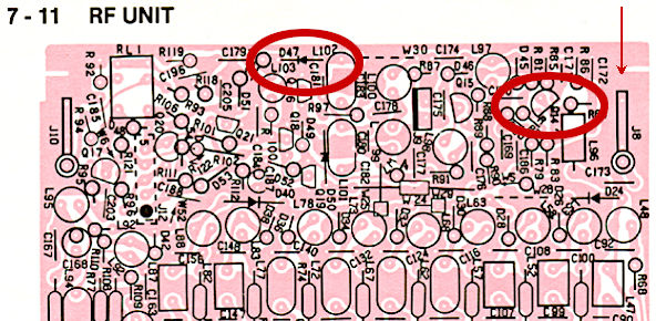 IC751A: Identificazione di J8, Q14 e D47 sulla scheda della RF Unit