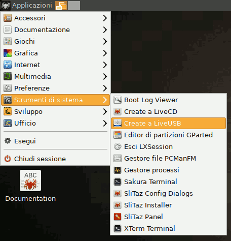 Il menu delle applicazioni di Slitaz