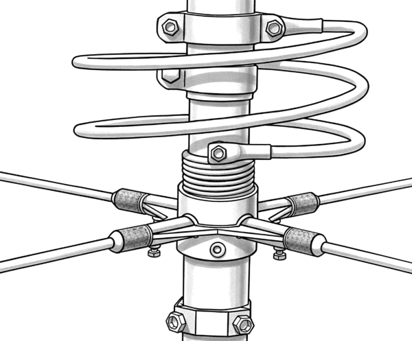 La base della Mantova 1, con la bobina in tubo, quella di massa e i radiali La base della Mantova 1, con la bobina in tubo, quella di massa e i radiali