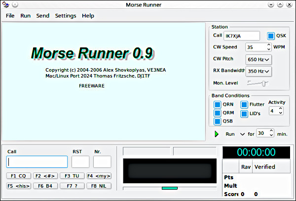 La finestra principale di MorseRunner in Linux