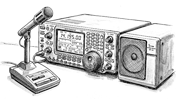 Vista della stazione base completa della radio Icom IC-7400, con il microfono da tavolo MC-20 e altoparlante di linea SP-21