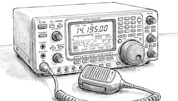 Disegno della radio Icom IC-7400 completa del microfono da palmo