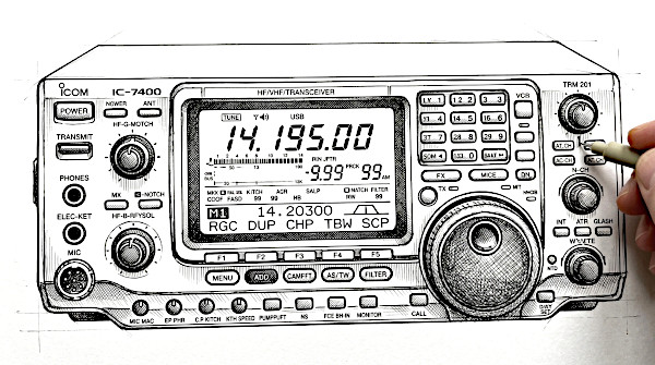 Una mano disegna il progetto del frontale della radio Icom IC-7400