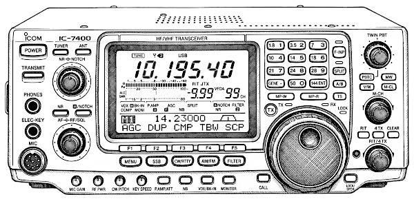 Vista frontale della radio Icom IC-7400, disegnata a tratto di penna