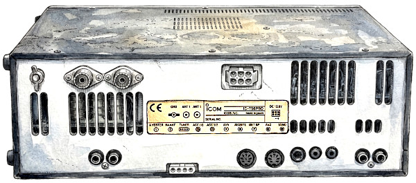 Disegno ad acquerello del retro della radio Icom IC-756Pro