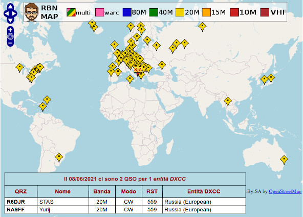 Confronto tra spot RBN e QSO del 08/06/2021