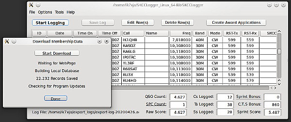 La finestra principale di SKCCLogger con la lista dei QSO