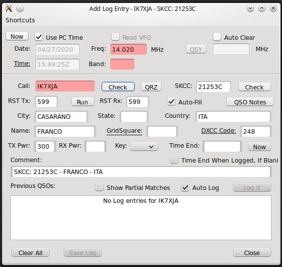 La finestra per l'inserimento dei nuovo QSO