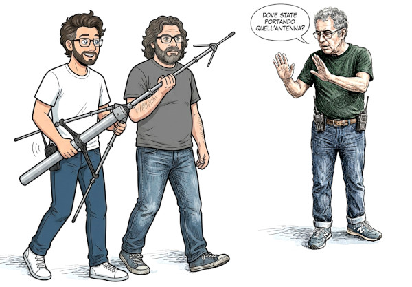 Due appassionati di radio, trasportano l'antenna Skylab pronta per il montaggio ma un altro li blocca